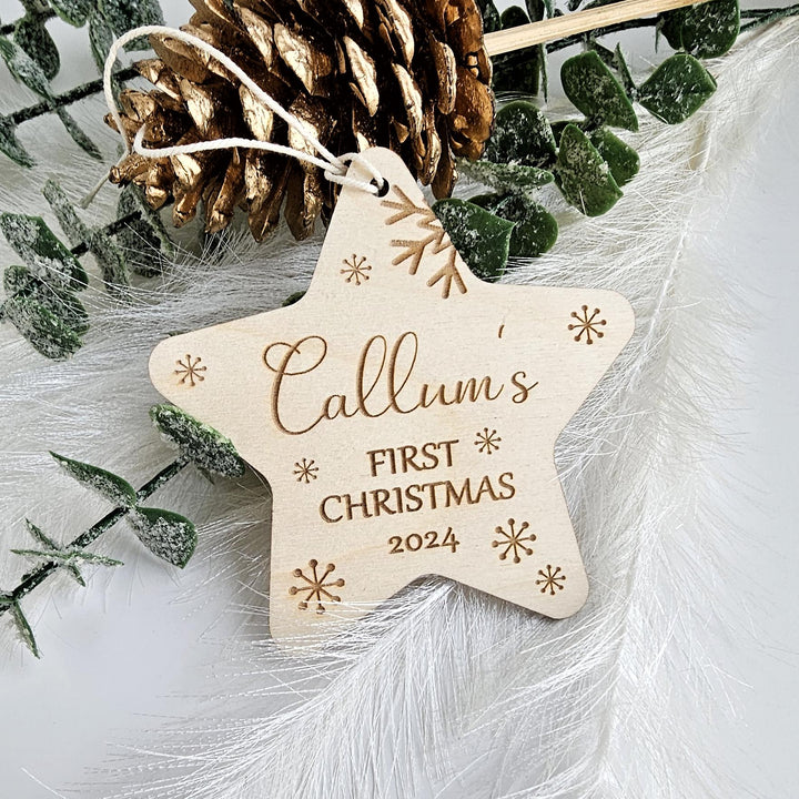 Personalised Baby's First Christmas Tree Bauble - Custom Name Wooden Ornament - Snowflakes Star Bauble