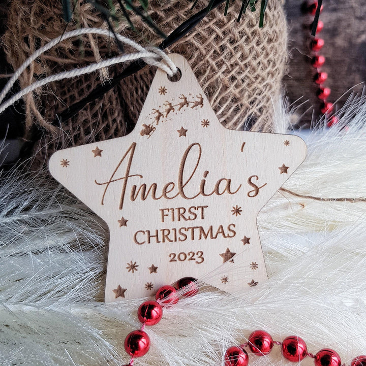 Personalised Baby's First Christmas Tree Bauble - Wooden Keepsake with Santa Sleigh - Custom Name Ornament - Star Ornament