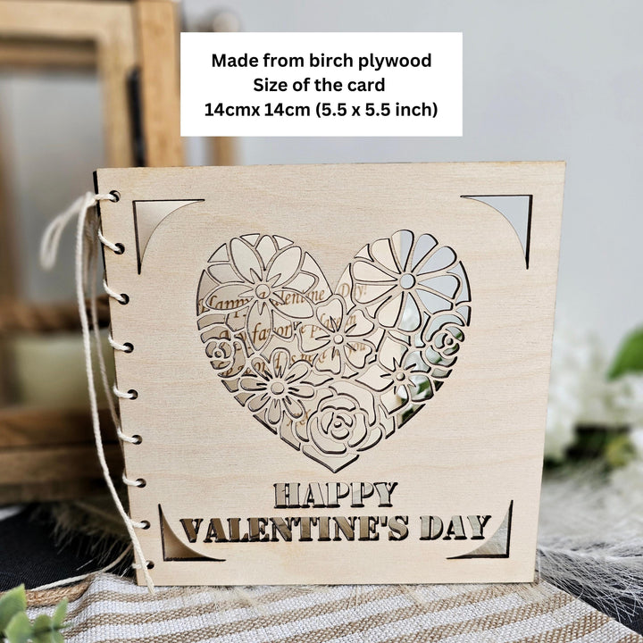 Personalised Wooden Valentines Day Card - Romantic Floral Heart Keepsake Gift