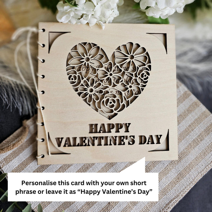 Personalised Wooden Valentines Day Card - Romantic Floral Heart Keepsake Gift