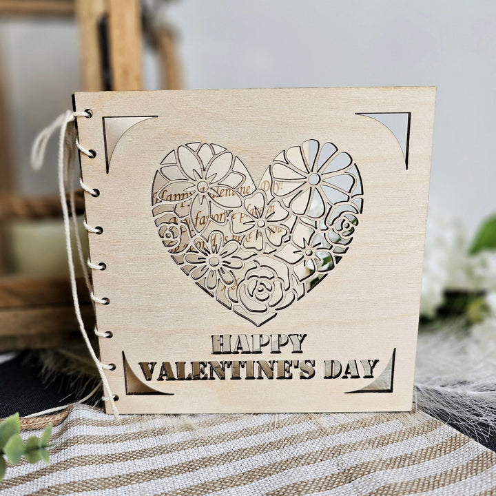Personalised Wooden Valentines Day Card - Romantic Floral Heart Keepsake Gift