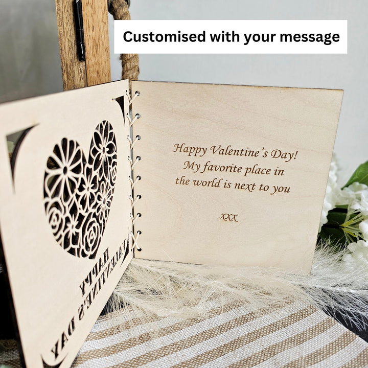 Personalised Wooden Valentines Day Card - Romantic Floral Heart Keepsake Gift
