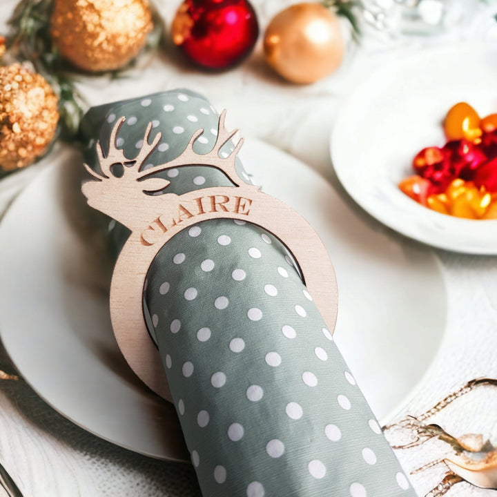 Personalised Rustic Deer Wooden Napkin Ring - Christmas Dinner Table Decoration