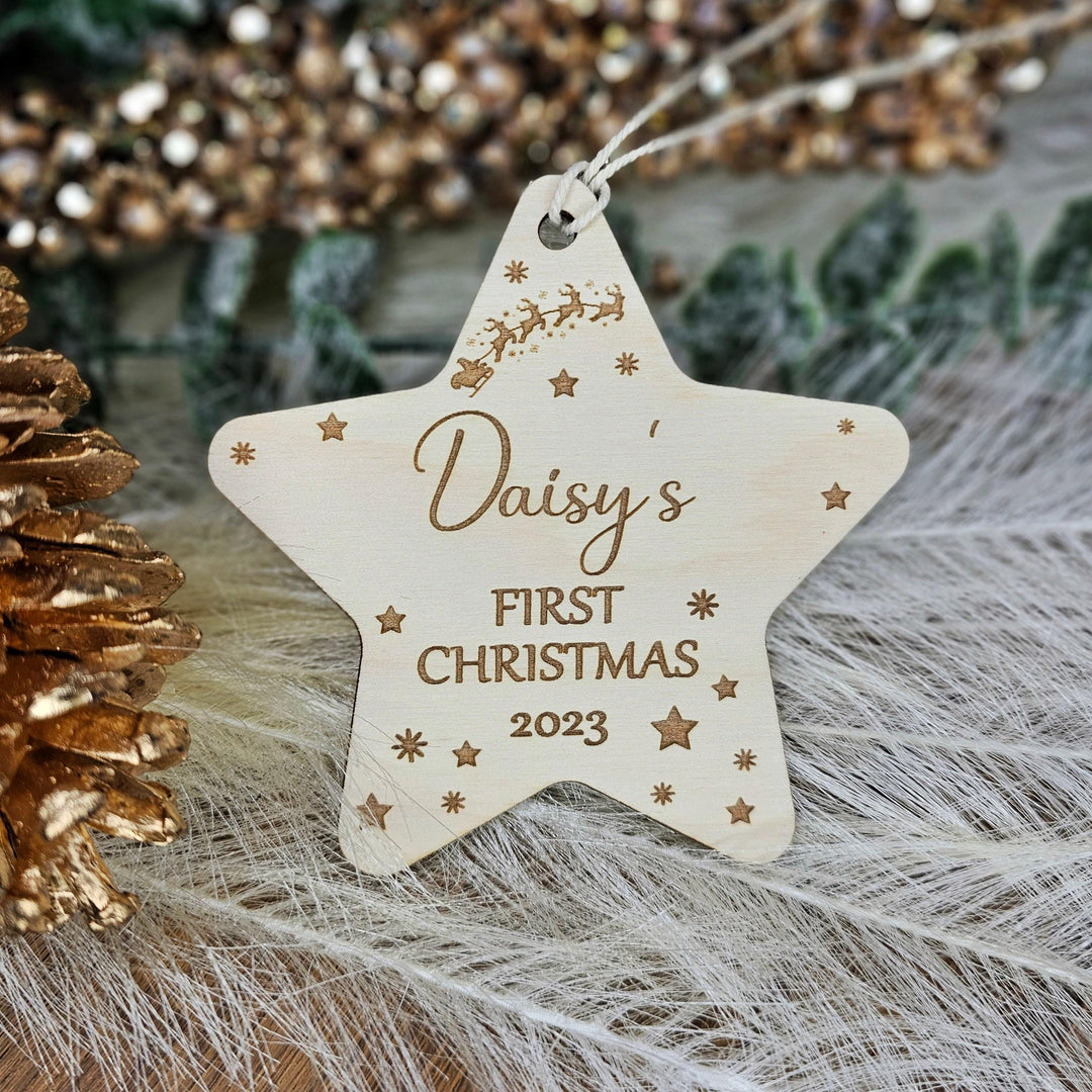 Personalised Baby's First Christmas Tree Bauble - Wooden Keepsake with Santa Sleigh - Custom Name Ornament - Star Ornament