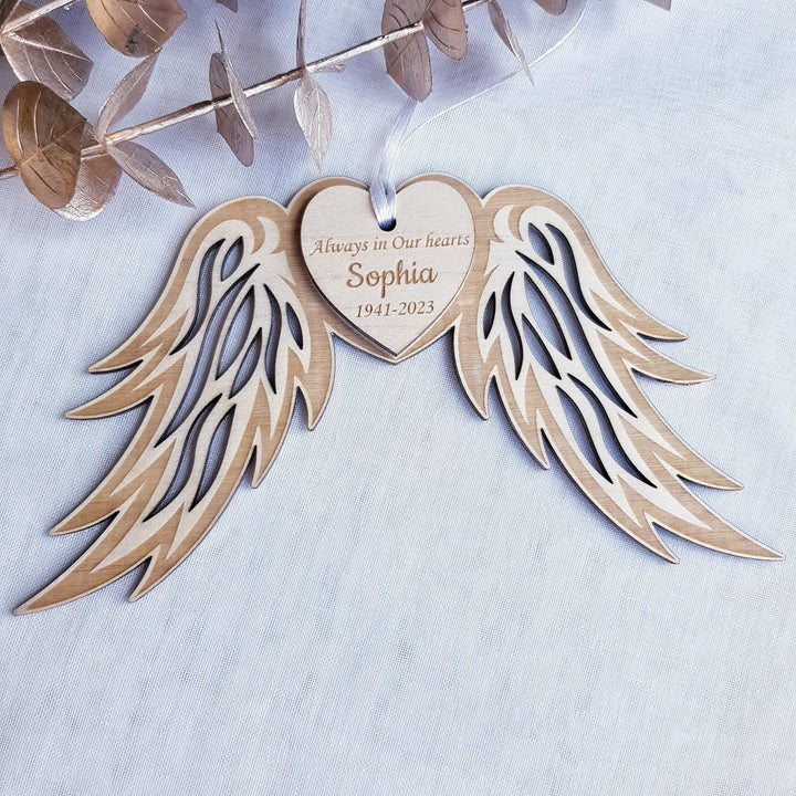 Personalised Memorial Angel Wings Bauble - Custom Wooden Christmas Decoration