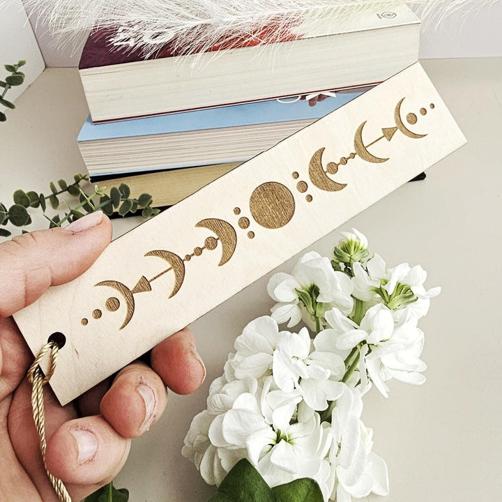 Celestial Moon Phase Bookmark - Personalised Engraved Wooden Spiritual Gift for Book Lovers