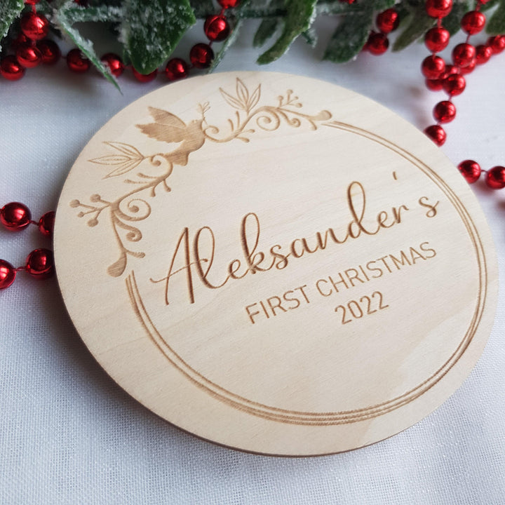 Personalised Babys First Christmas Wooden Milestone Disc Ornament - Keepsake Christmas Eve Box Label