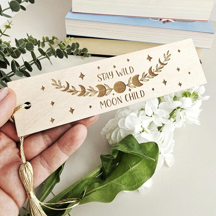 Bookmark Stay Wild Moon Child - Personalised Engraved Book Lovers Gift - A Mistical Wooden Present for Readers
