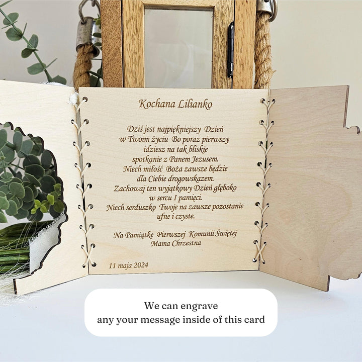 First Holy Communion Wooden Card – Personalised Engraved Polish Keepsake for Girl