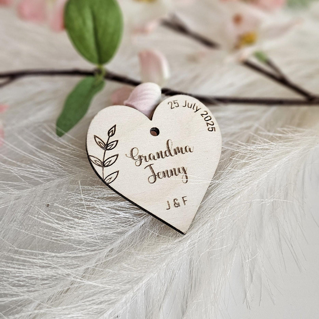 Wedding Place Name Favours, Personalised Engraved Rustic Heart Tags, Botanical Wooden Wedding Keepsakes