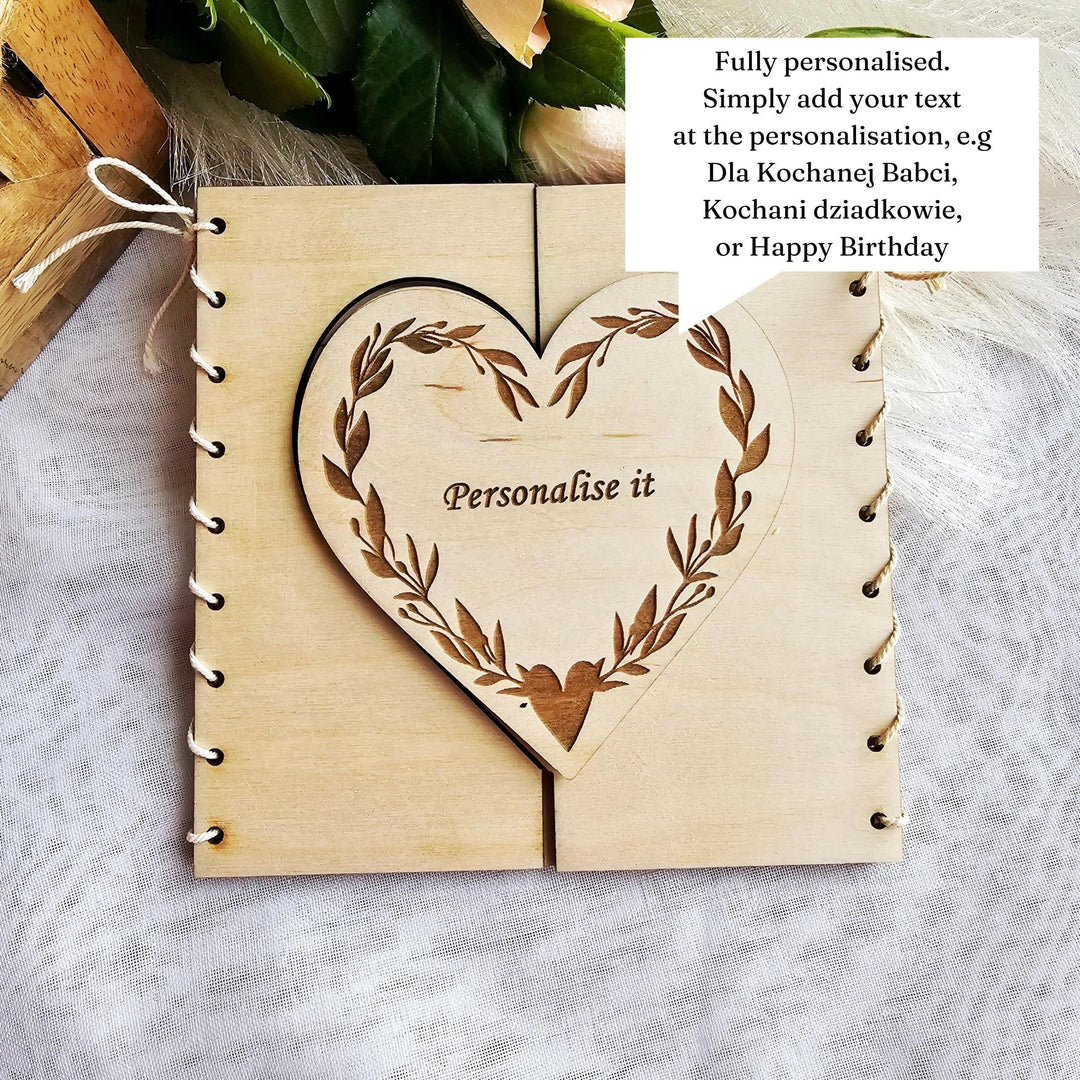 Personalised Rustic Wooden Folding Card Keepsake for Polish Grandmother's Day - Kartka Prezent na Dzien Babci i Dziadka