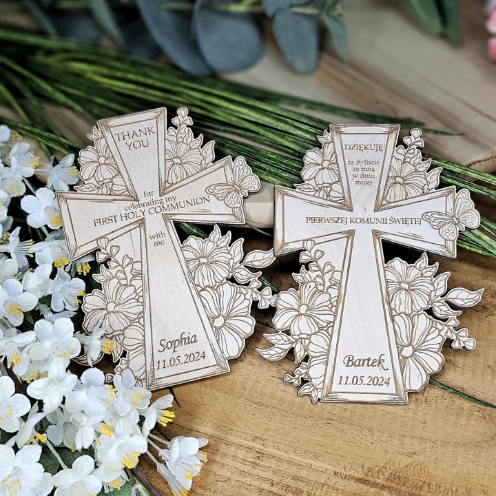 Personalised First Holy Communion Floral Cross Magnet - Thank You Wooden Gift - Baptism Christening Naming Ceremony Confirmation Favours