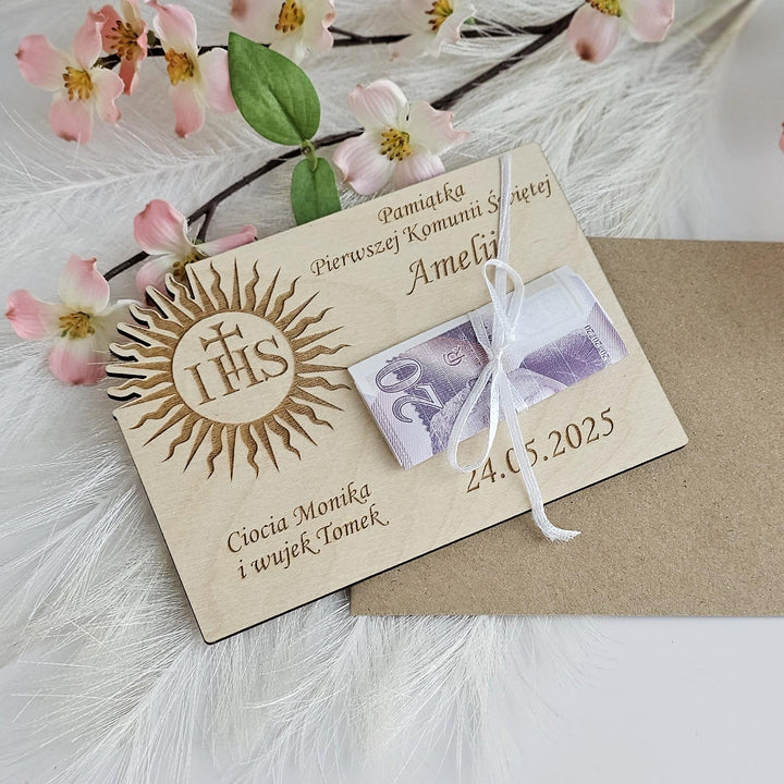 Personalised First Holy Communion Wooden Money Gift Keepsake IHS