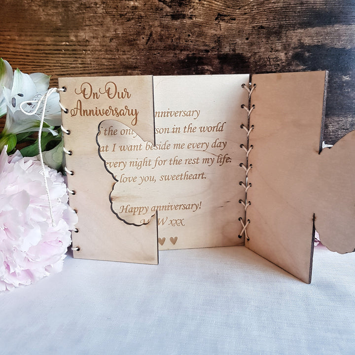 Personalised Anniversary Card - 'You Still Give Me Butterflies' Boho Butterfly - Rustic Wooden Keepsake Gift, Couple Gift