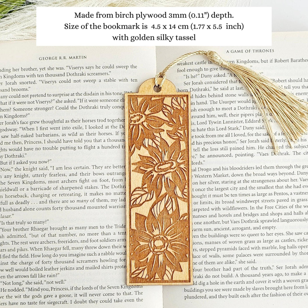 Wooden Sunflower Bookmark - Personalised Laser Engraved Gift with Golden Tassel