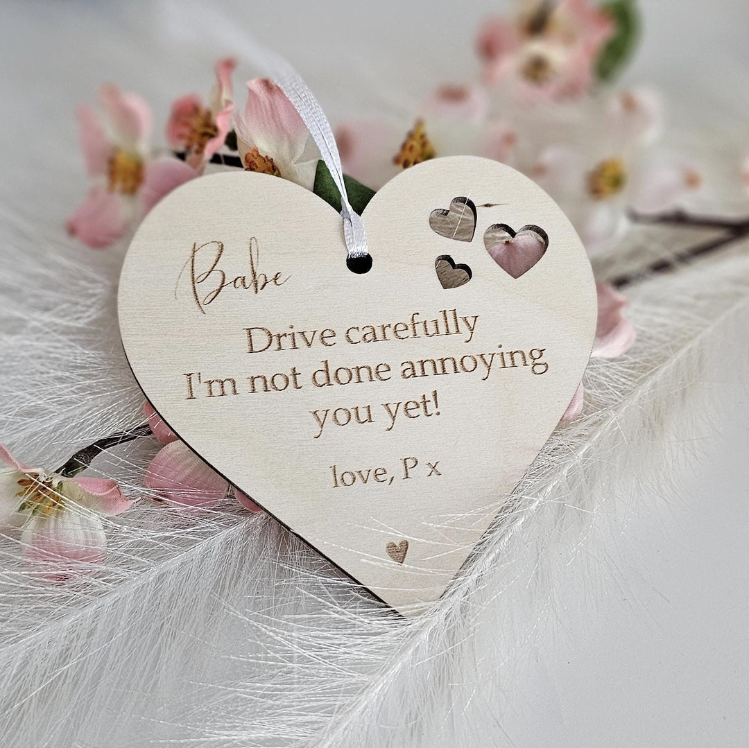 Personalised Wooden Car Mirror Pendant - Funny Valentines Day Gift for Driving Partner