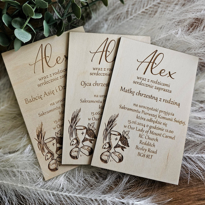 Personalised First Holy Communion Wooden Invitation -Rustic Holy Communion Chalice - Zaproszenie na Komunie