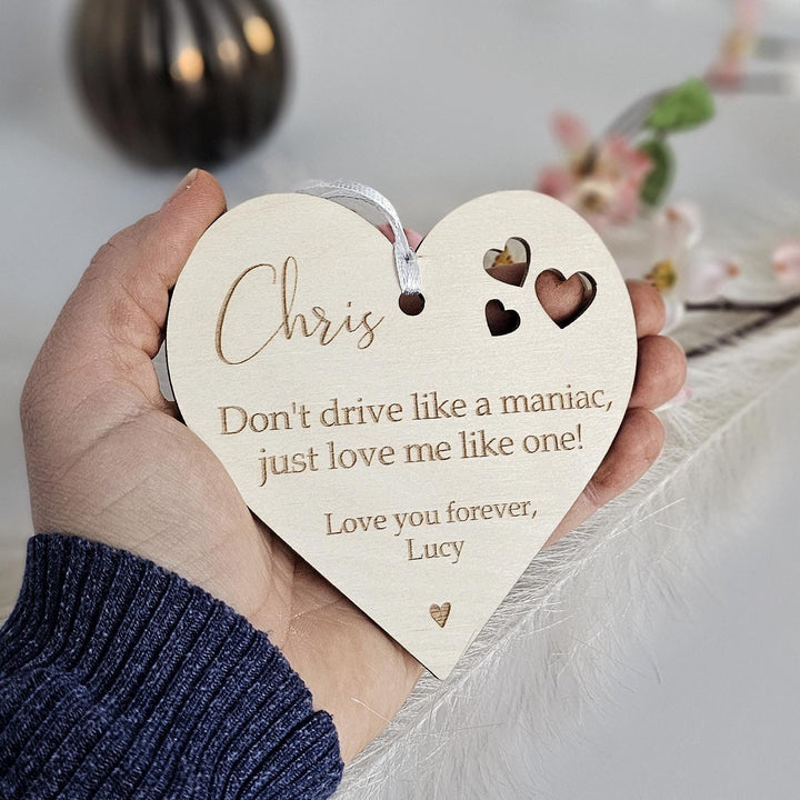Wooden Car Mirror Pendant - Personalized Valentines Gift for Driving Partner