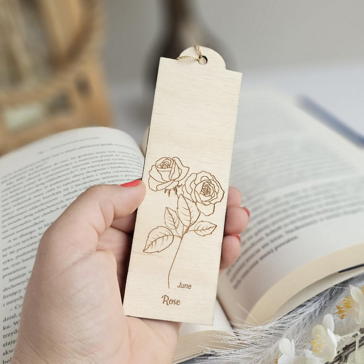 Birth Flower Bookmark June Rose - Personalised Wooden Gift for Book Lovers