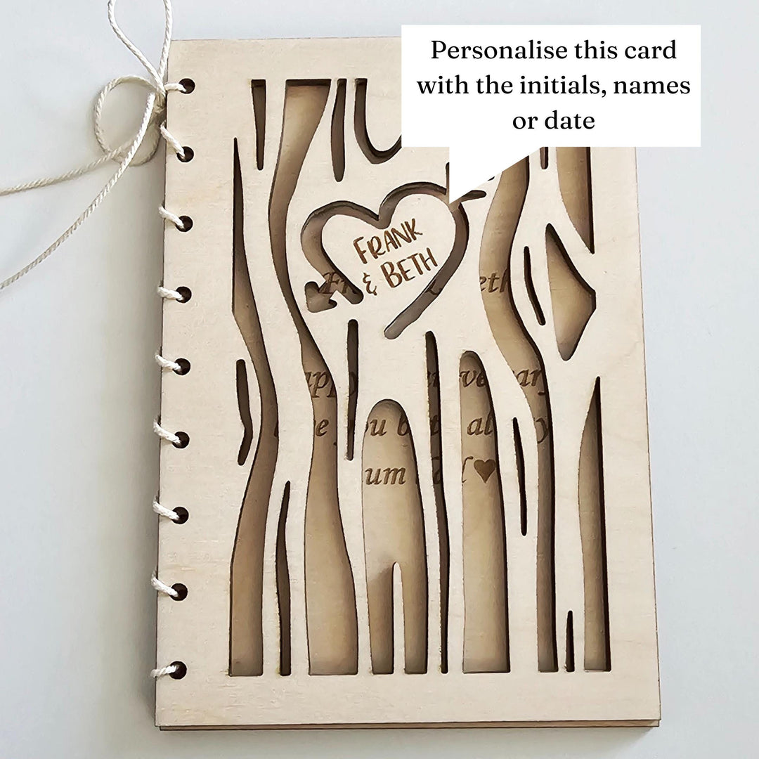 Personalised Wooden Card with Trees Design and Love Heart- Perfect for Valentine's Day, Anniversary, Wedding, Engagement, Love Celebration