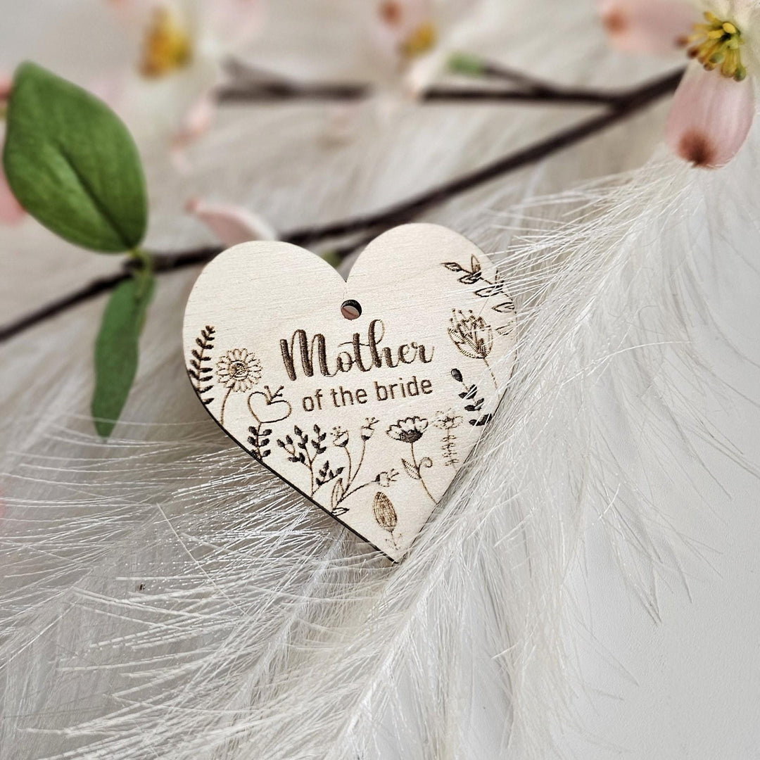 Wedding Place Name Favours, Personalised Engraved Rustic Heart Tags, Botanical Wooden Wedding Keepsakes