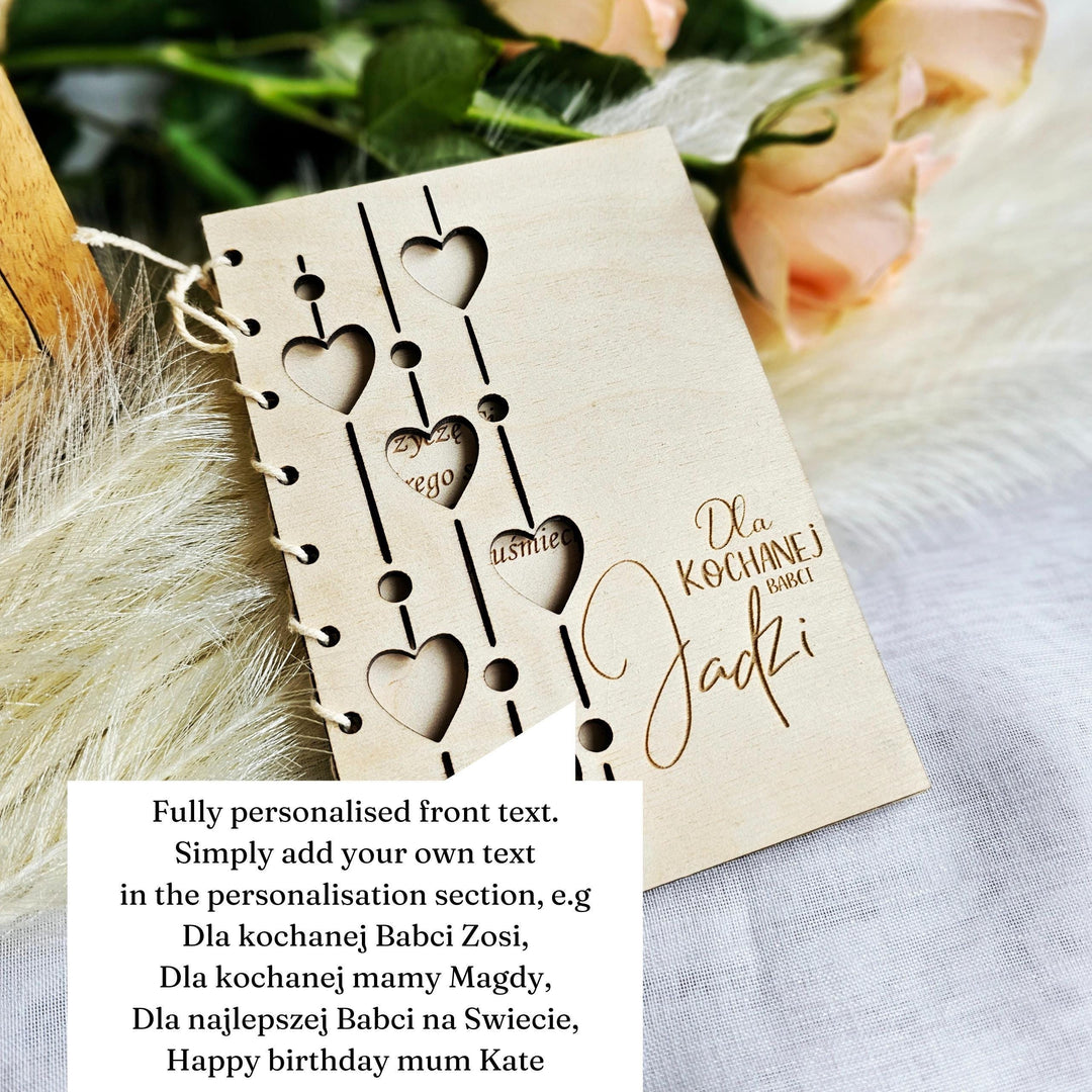 Personalised Rustic Wooden Folding Card Keepsake for Polish Grandmother's Day - Kartka Prezent na Dzien Babci i Dziadka