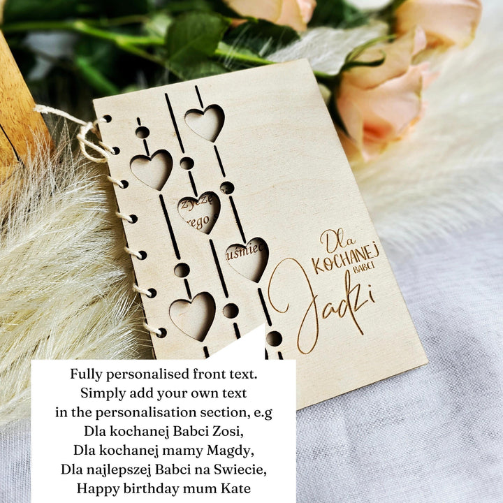 Personalised Rustic Wooden Folding Card Keepsake for Polish Grandmother's Day - Kartka Prezent na Dzien Babci i Dziadka