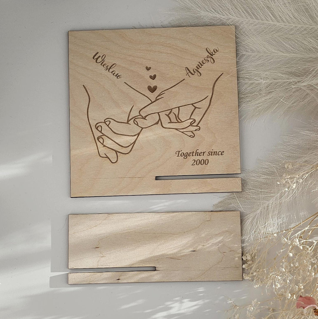 Personalised Valentine's Day gift for her for him, couple's minimalist line drawing holding hands, wooden standing card, custom names