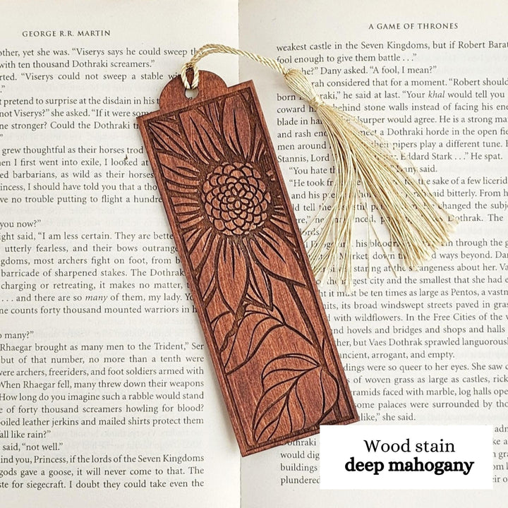 Wooden Sunflower Bookmark - Personalised Laser Engraved Reading Gift With Tassel