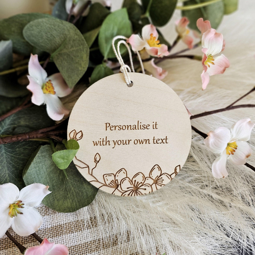 Personalised Wooden Gift Tag - Spring Flowers Car Mirror Charm Wedding Keepsake