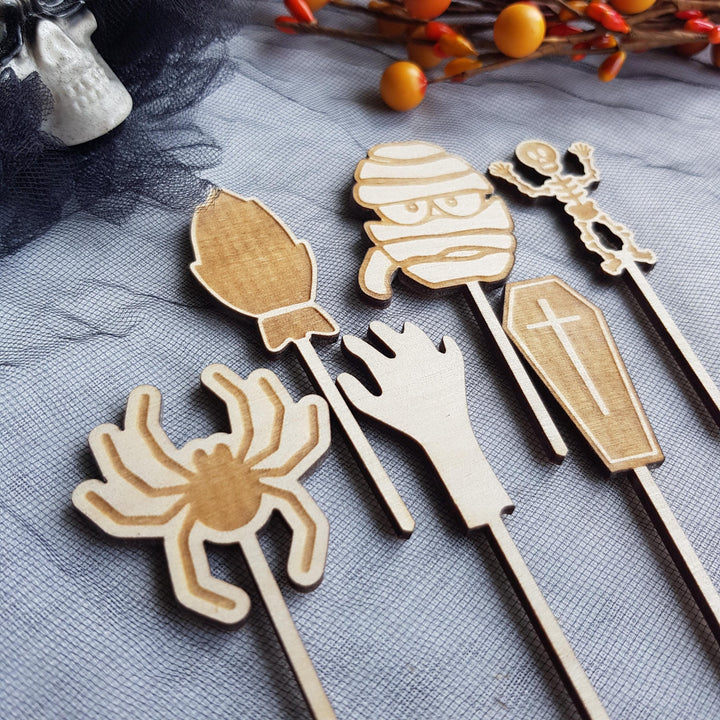Set of 6 Wooden Halloween Cupcake Toppers Picks, Spooky Party Decorations