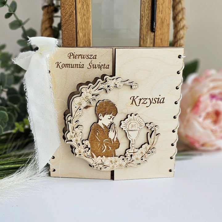 Personalised  First Holy Communion Card, Handmade Gift for Boys Grandson Godson Son Nephew Brother, Religious Wooden Keepsake