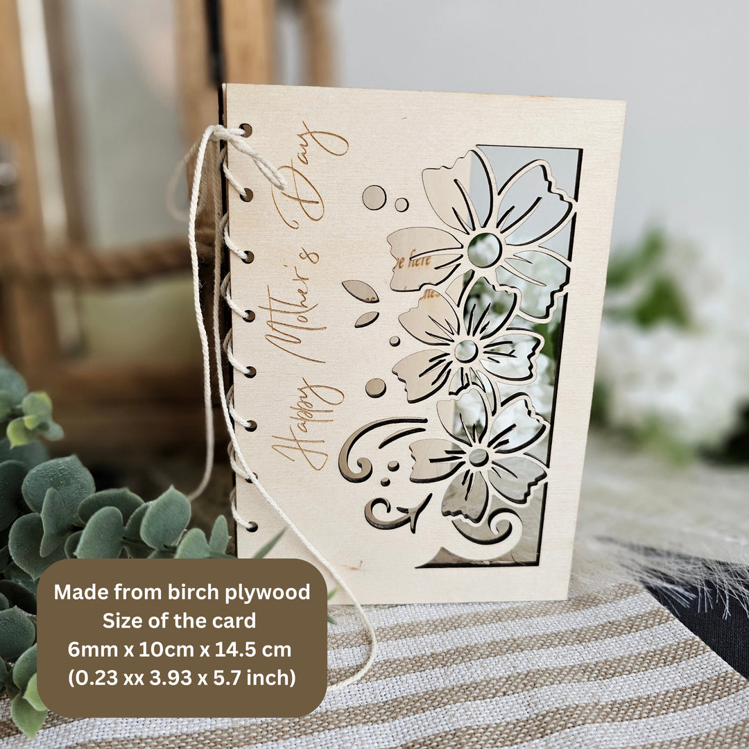 Personalised Wooden Card Happy Mother's Day Boho Flowers cutout, Eco Friendly Birthday Gift, Mum, Mom, Grandmother, Nan, Nanny, Granny