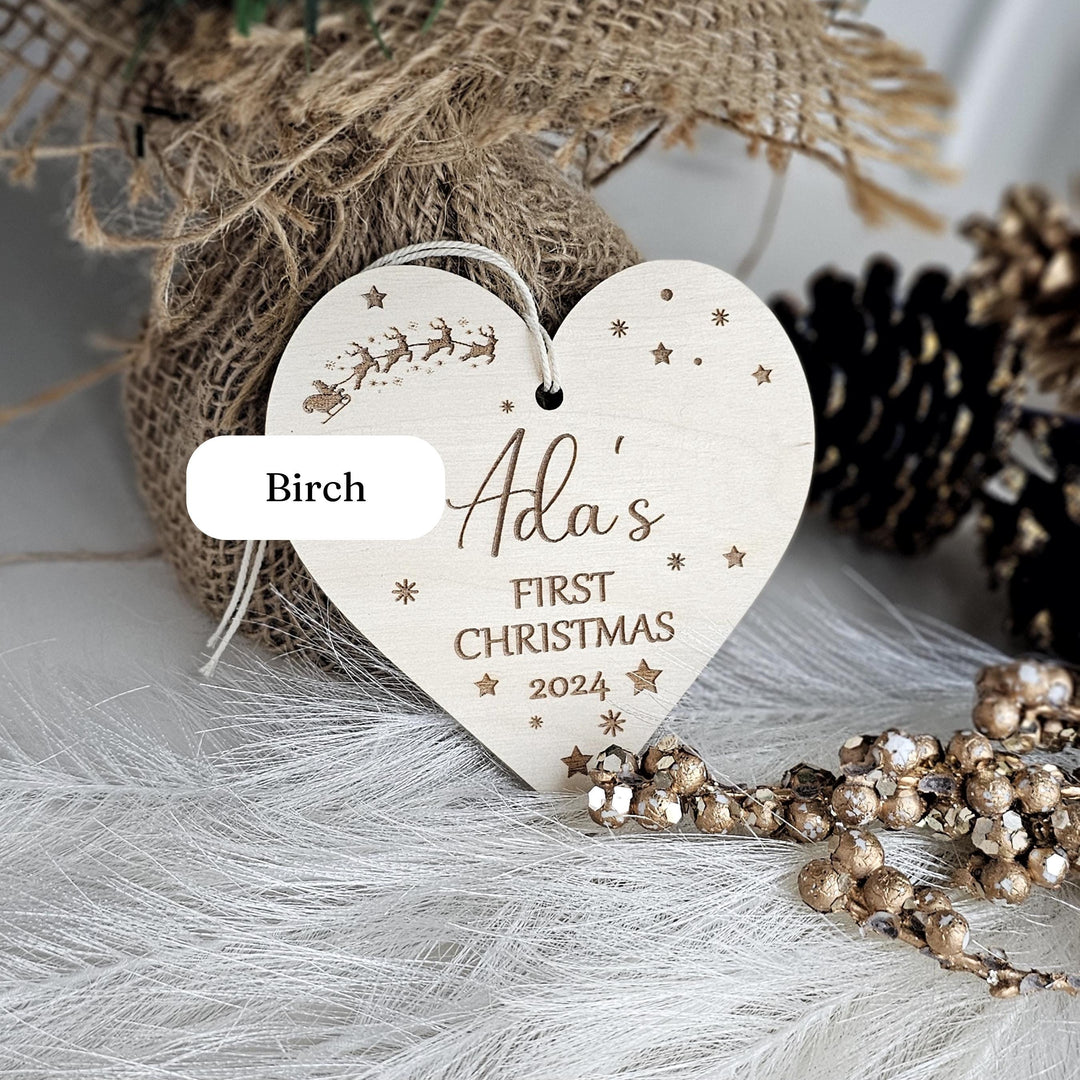 Personalised Baby's First Christmas Tree Bauble - Wooden Keepsake with Santa Sleigh - Custom Name Ornament - Heart Ornament