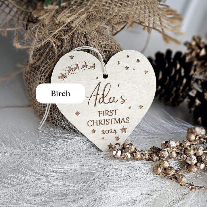 Personalised Baby's First Christmas Tree Bauble - Wooden Keepsake with Santa Sleigh - Custom Name Ornament - Heart Ornament