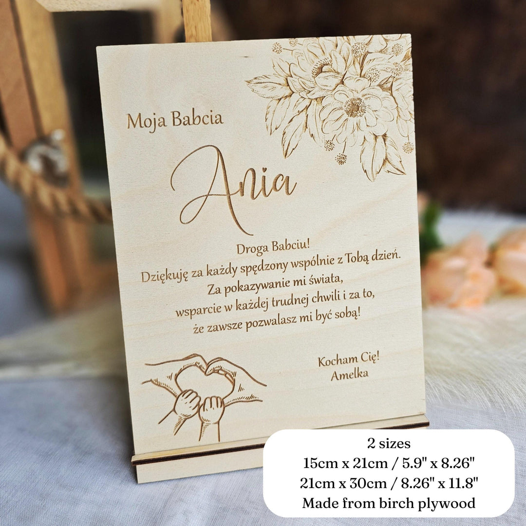 Polish Dzien Babci i Dziadka Wooden Sign Keepsake with Personalised Wishes and Romantic Floral and Holding Hands Touch, Grandparents Gift