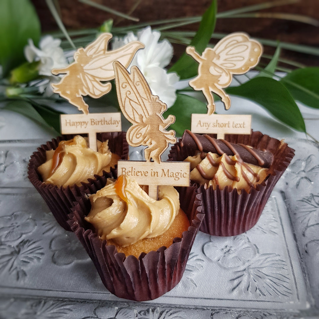 Fairies Cupcake Toppers - Personalised Wooden Cake Decorations - Set of 6 or 12