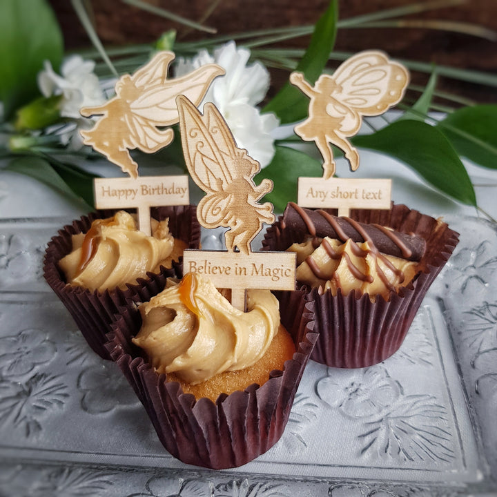 Fairies Cupcake Toppers - Personalised Wooden Cake Decorations - Set of 6 or 12