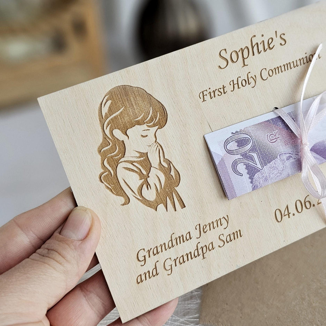 Personalised Money Wallet – Wooden First Holy Communion Gift Card For Girl Keepsake