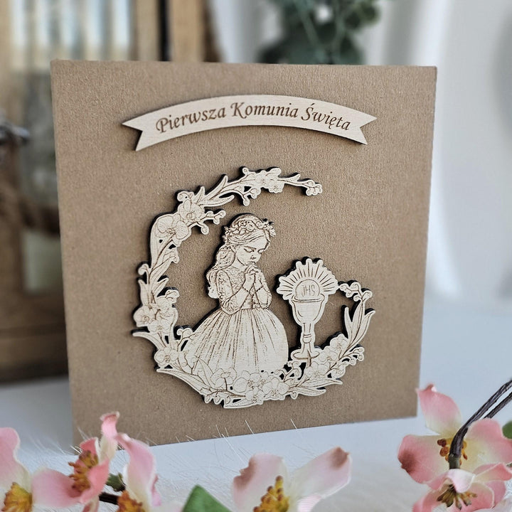 First Holy Communion Wooden Card for Girl - Catholic Keepsake Gift