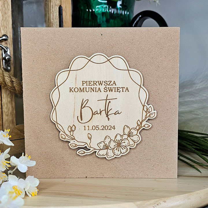 Personalised First Holy Communion Wooden Card – Engraved Catholic Keepsake Gift