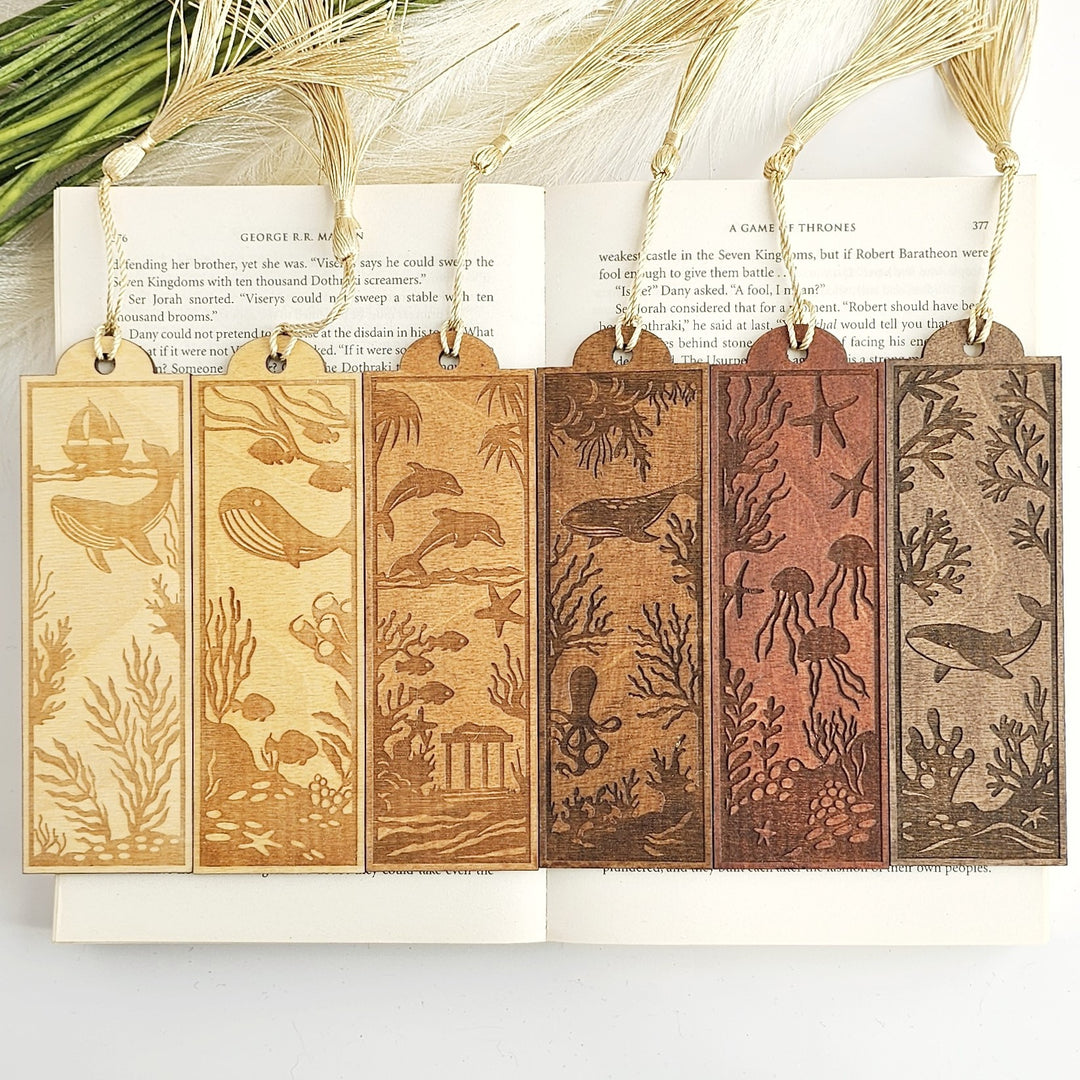 Personalised Sea Animals Wooden Bookmark - Engraved Ocean Bookmark Gift for Book Lovers