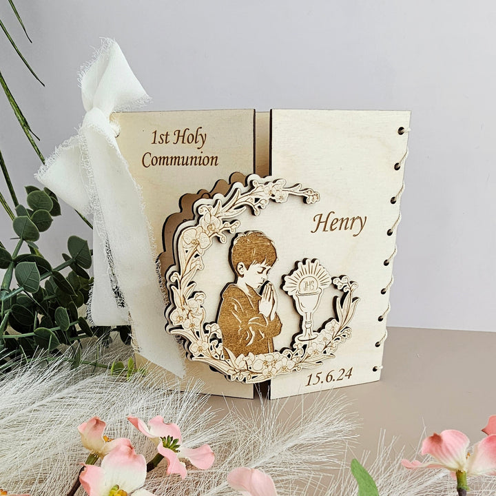 First Holy Communion Wooden Card for Boy - Personalised Engraved Keepsake