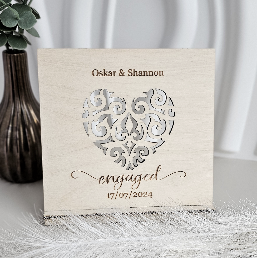 Engagement Heart Standing Card – Personalised Wooden Keepsake | Wedding, Anniversary, Valentine’s Day Gift