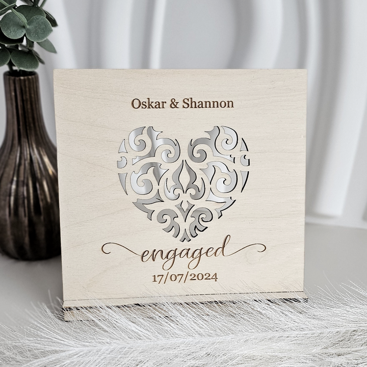 Engagement Heart Standing Card – Personalised Wooden Keepsake | Wedding, Anniversary, Valentine’s Day Gift