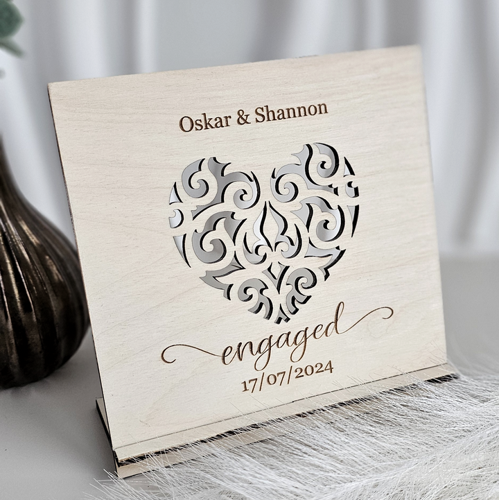 Engagement Heart Standing Card – Personalised Wooden Keepsake | Wedding, Anniversary, Valentine’s Day Gift