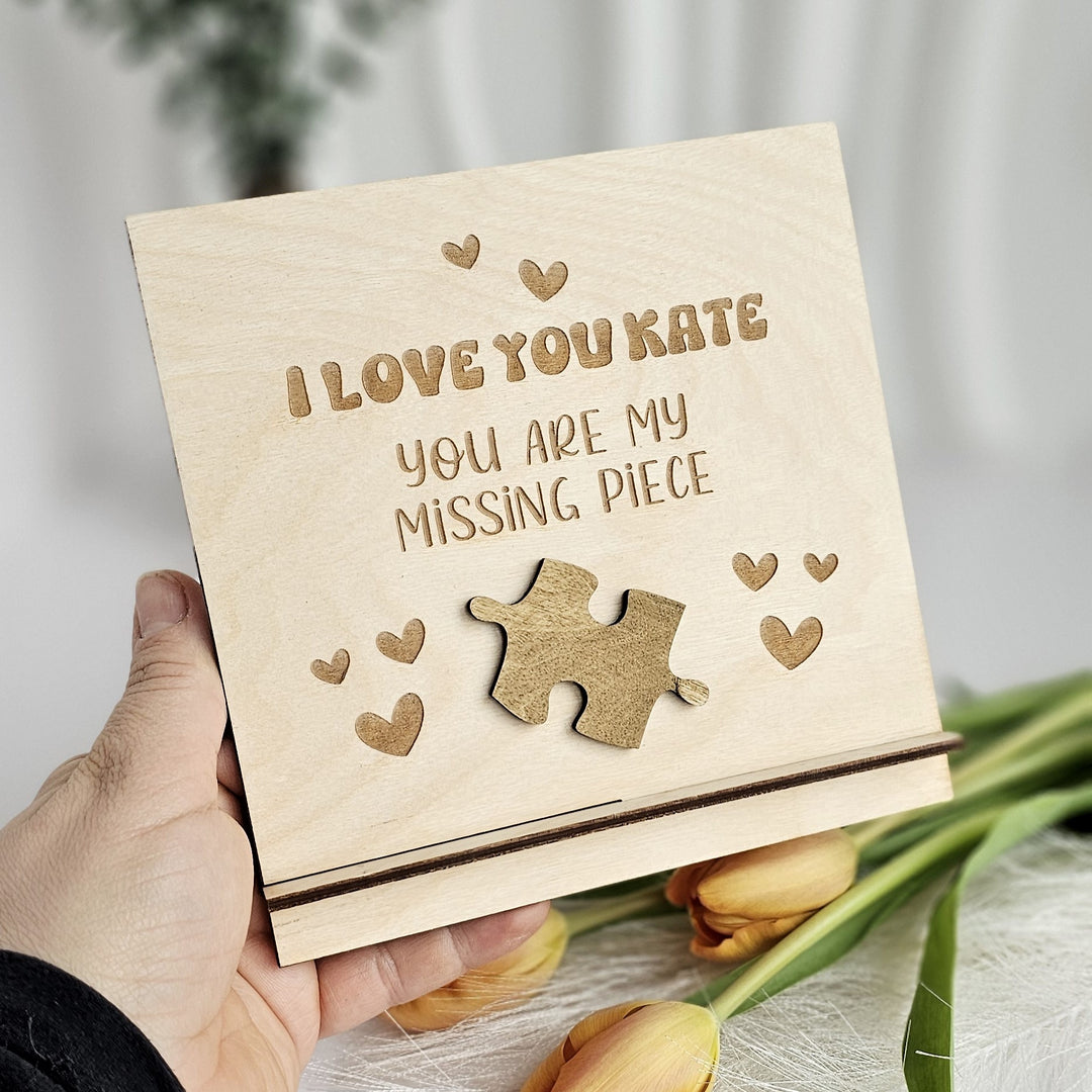 Personalised Valentine's Day gift for her for him, I love you - You are my missing piece, Wooden standing card, Custom puzzle present