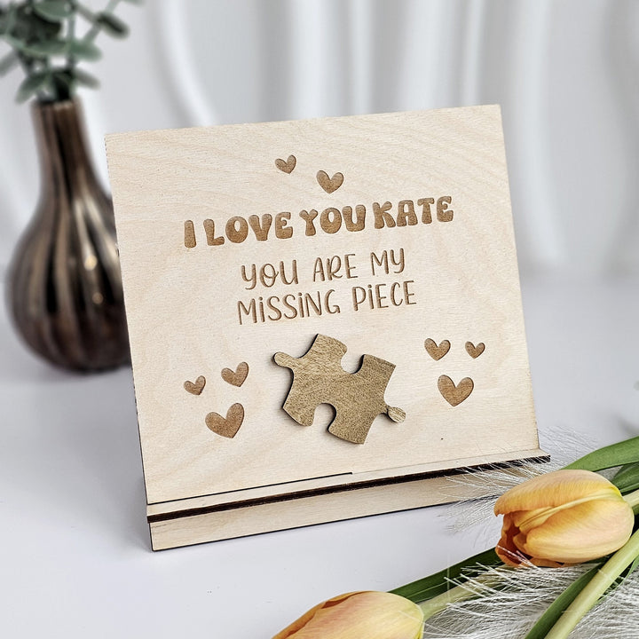 Personalised Valentine's Day gift for her for him, I love you - You are my missing piece, Wooden standing card, Custom puzzle present