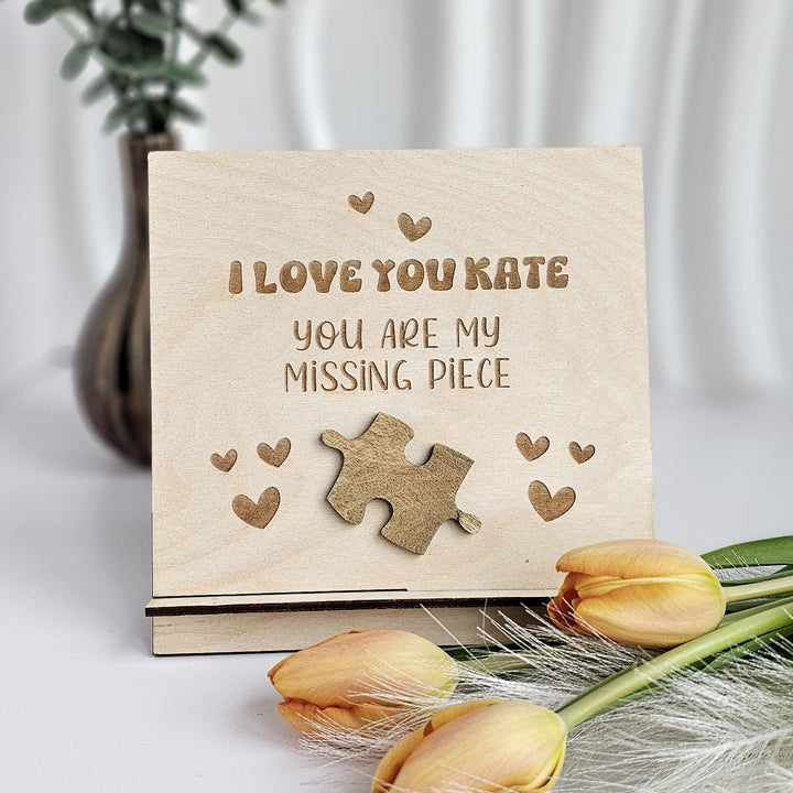 Personalised Valentine's Day gift for her for him, I love you - You are my missing piece, Wooden standing card, Custom puzzle present