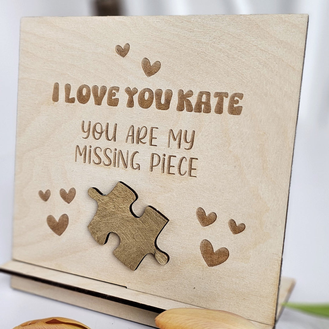 Personalised Valentine's Day gift for her for him, I love you - You are my missing piece, Wooden standing card, Custom puzzle present